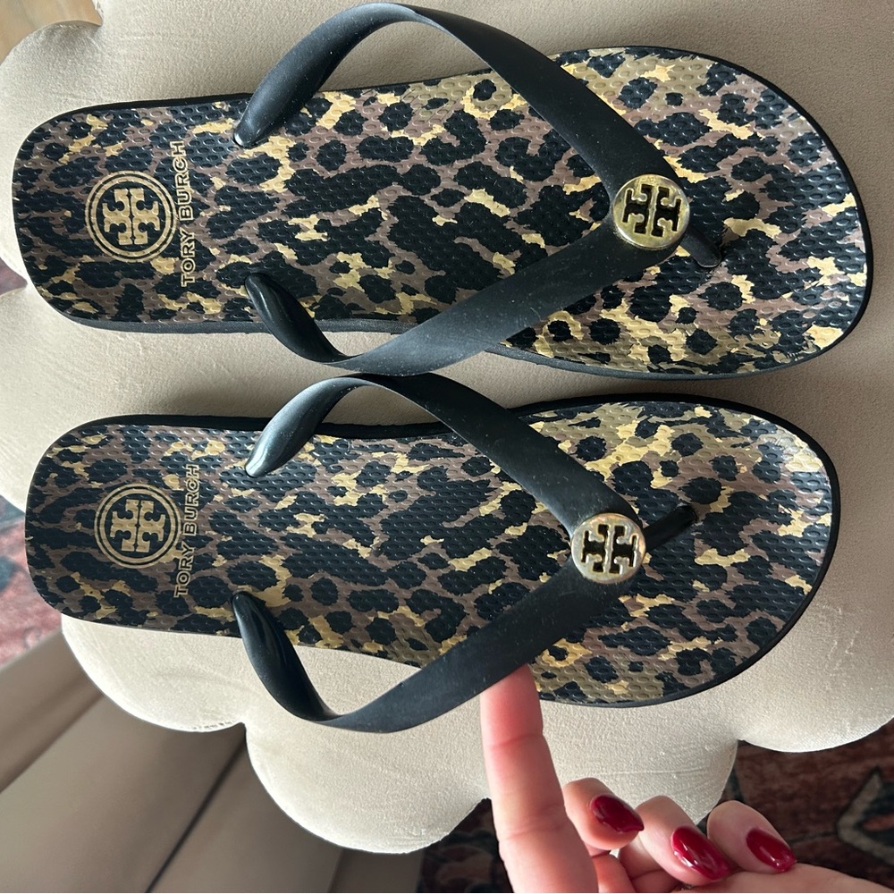 Tory Burch Leopard Print Flip Flop Sandals with Black Straps and Gold Logo